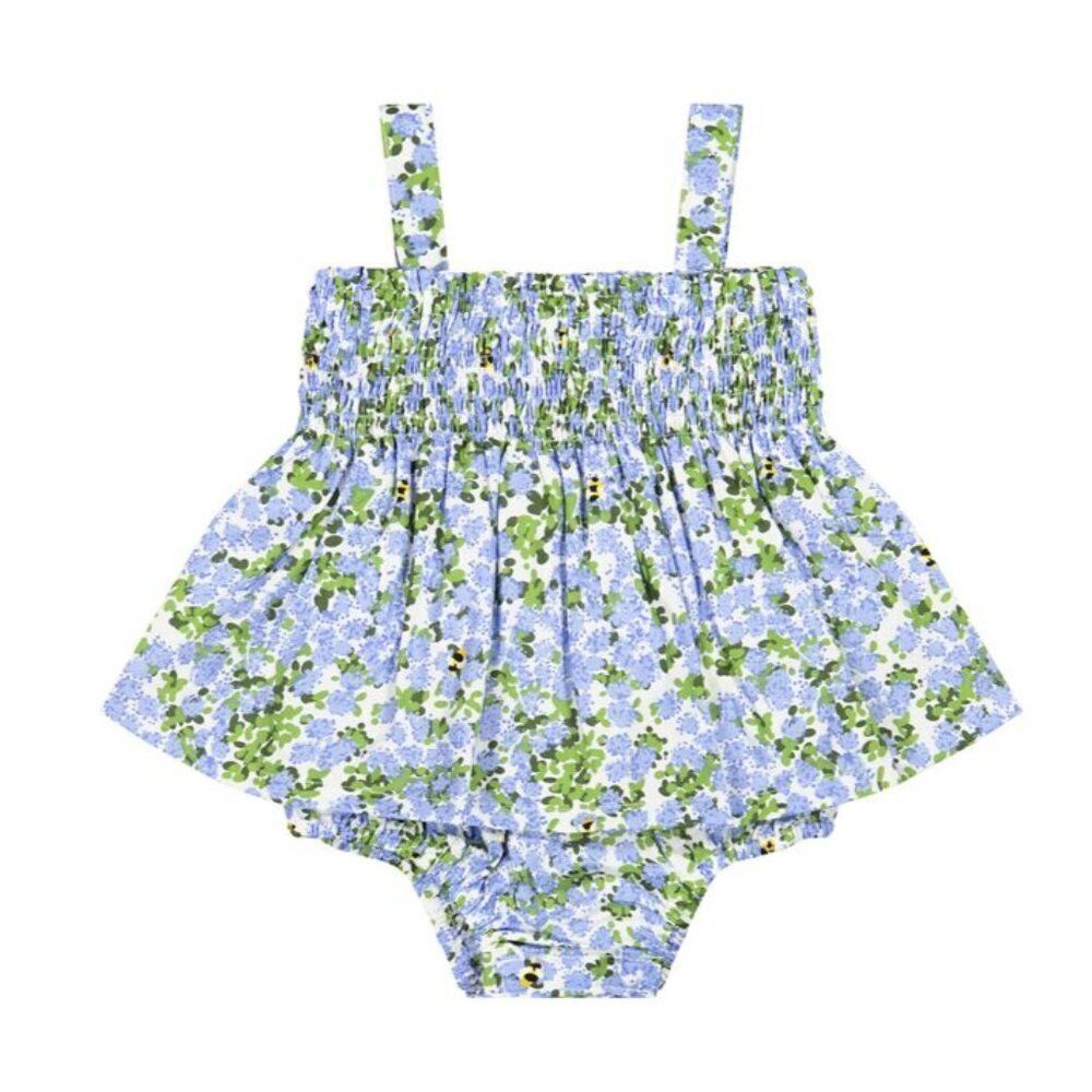 NEW! Busy Bees Smocked Chest Hazel Romper in Blue Hydrangea Size 6 months